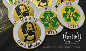 NFL Puffa Got a Minute?
Antique Brass coin 2D Front and 2D Back using 3 shades of green cobra coins cobracoins.com